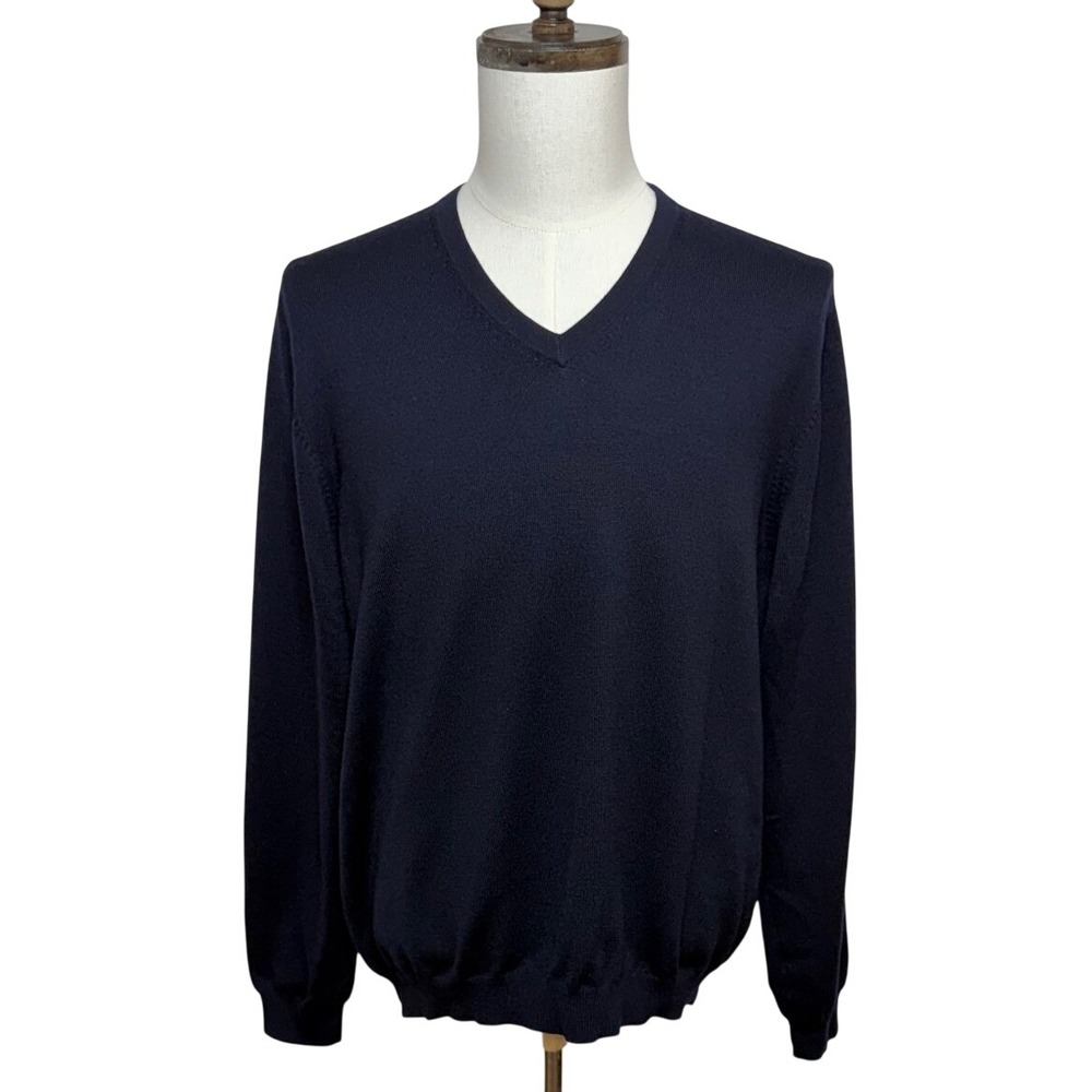 Brooks Brothers Sweater Mens Large Navy Blue Merino Wool V-Neck Stretch Pullover